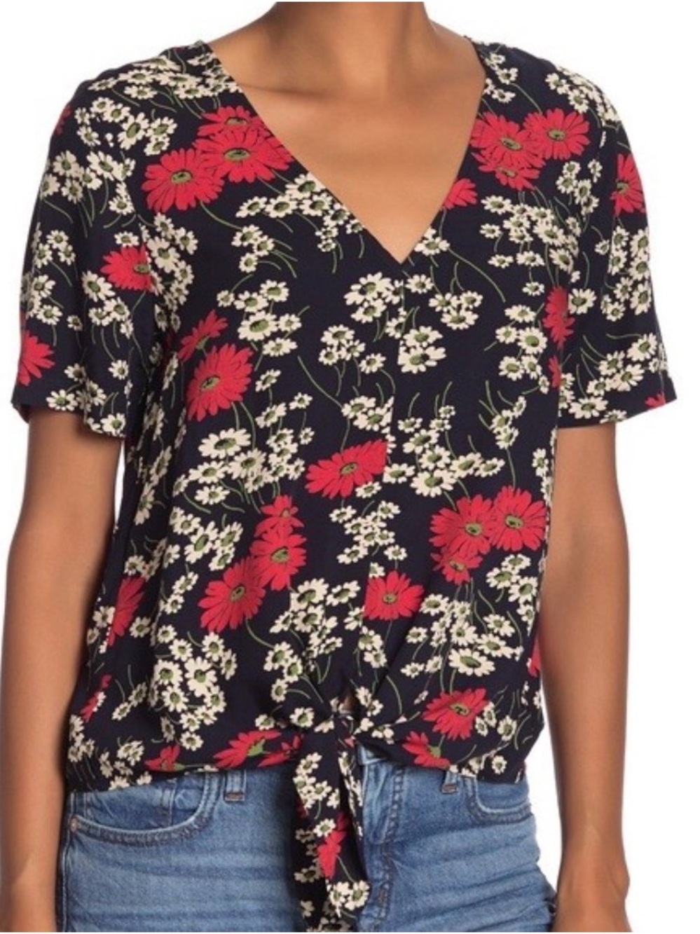 Madewell Hillside Daisies Tie Front Short Sleeve V-Neck Floral Blouse Navy S